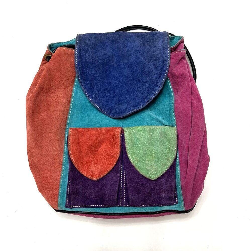 Express Colorblock Leather Backpack Vintage Retro 80s 90s Adjustable Straps Bag